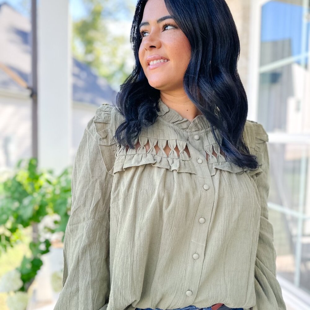 Olive button down blouse NWT - image 6